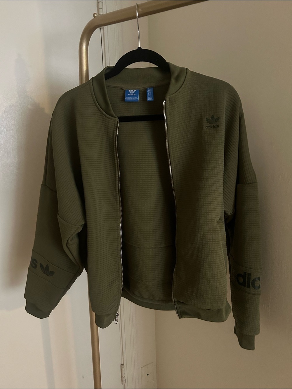 Adidas Originals Olive Green Cropped Bomber Jacket Zip Up Oversized | Size M - Picture 2 of 7